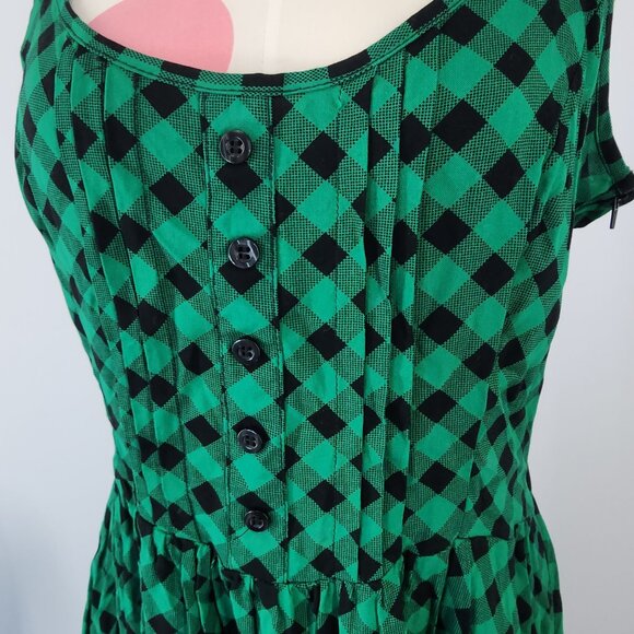 Women's Hot Topic Black Green Check Pleated Dress XL Pockets Sleeveless Zip - Picture 9 of 12